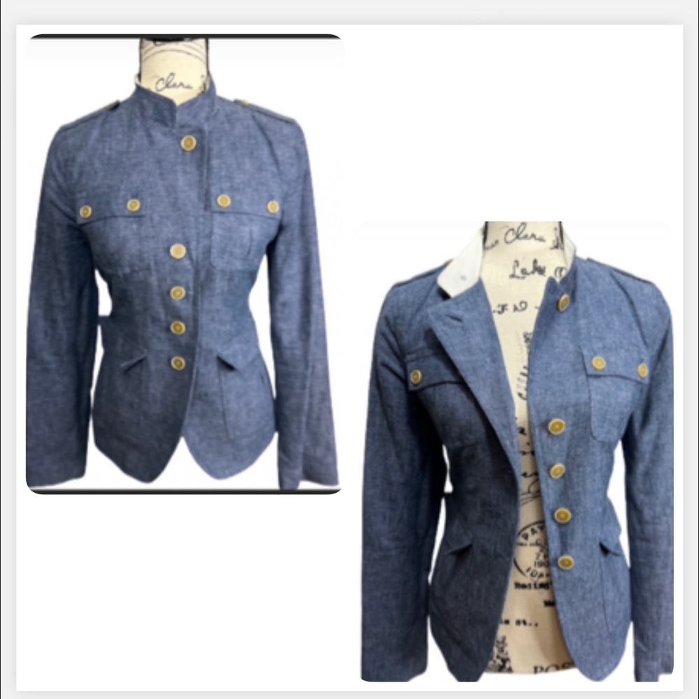BANANA REPUBLIC BLAZER  BLUE LINEN MILITARY STYLE LONG SLEEVE. Size 6